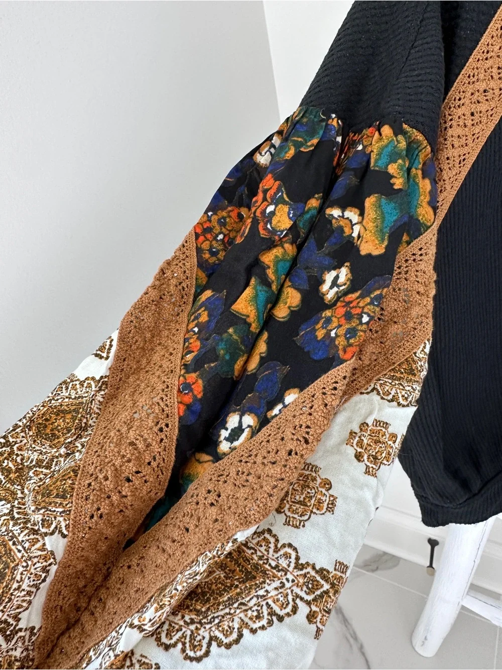 Free People Black Waffle Knit Shirt with Gold Paisley Balloon Sleeves Size L